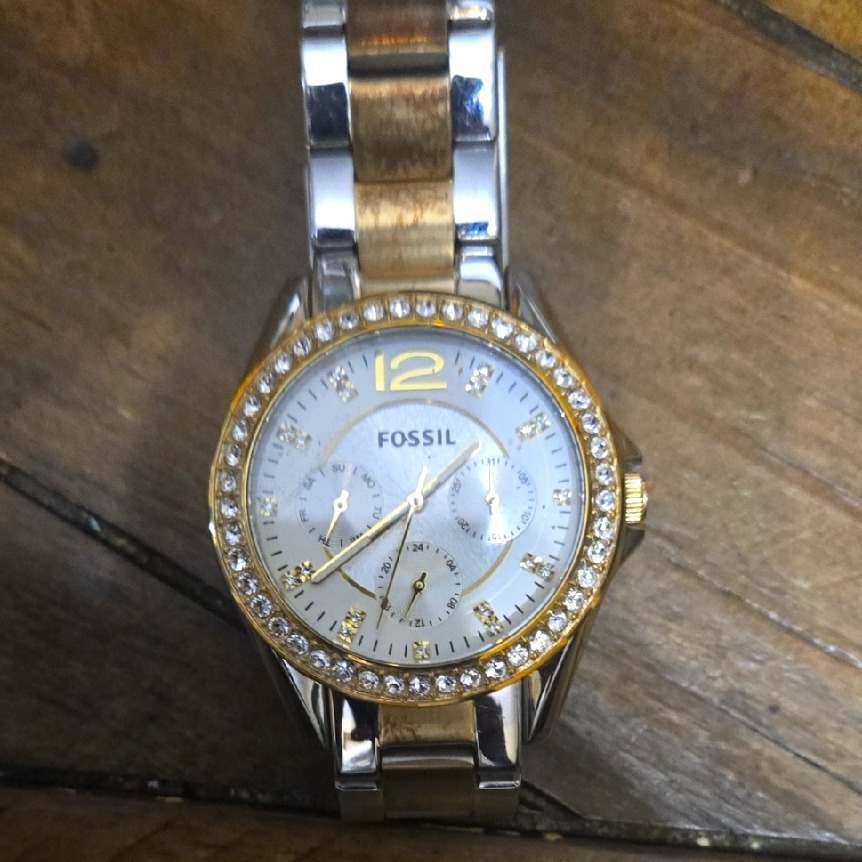 Fossil Gold And Silver Watch With Crystal Accents
